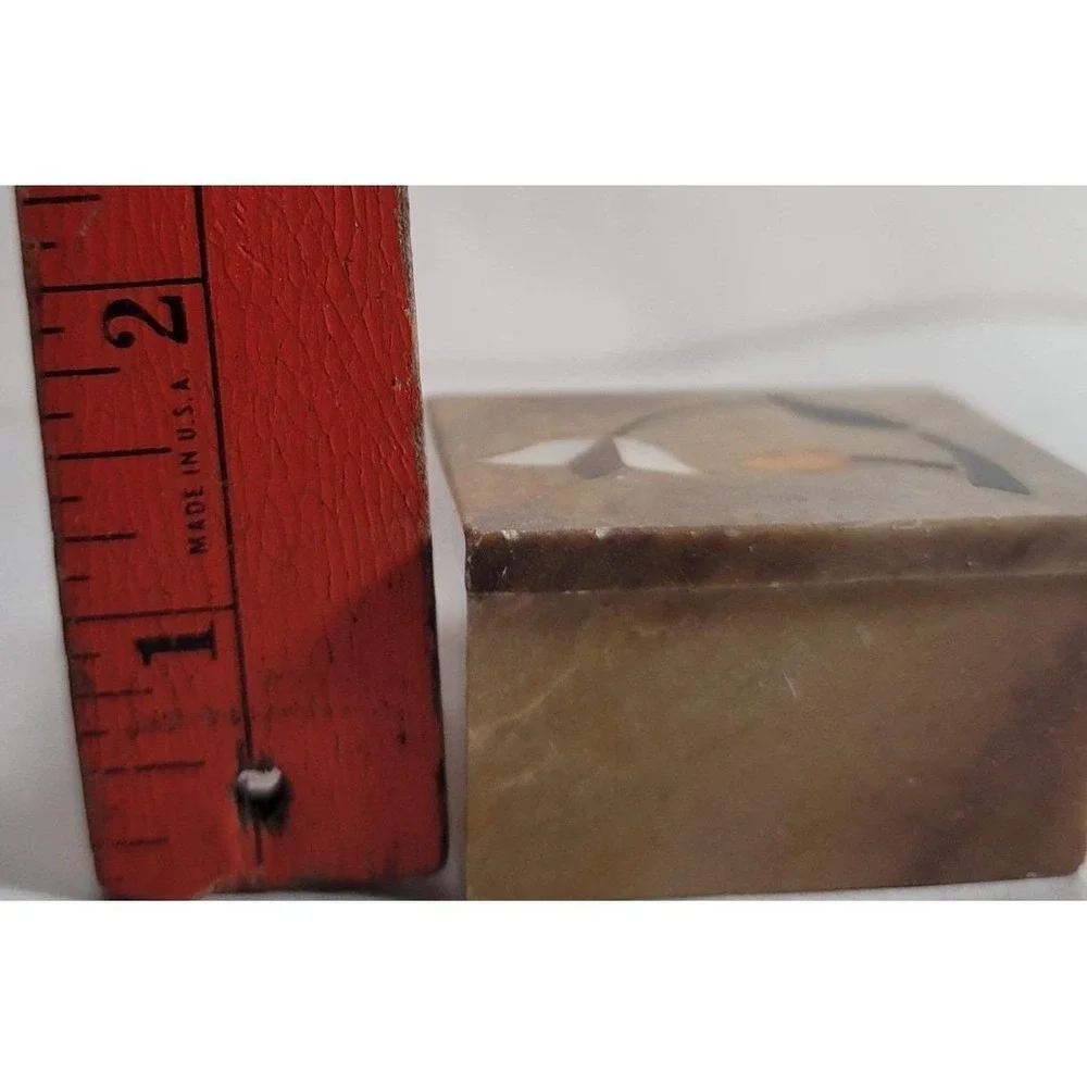 Small Brown Soap Stone Trinket Box Floral Inlay‎ Rectangle Lidded Made In India